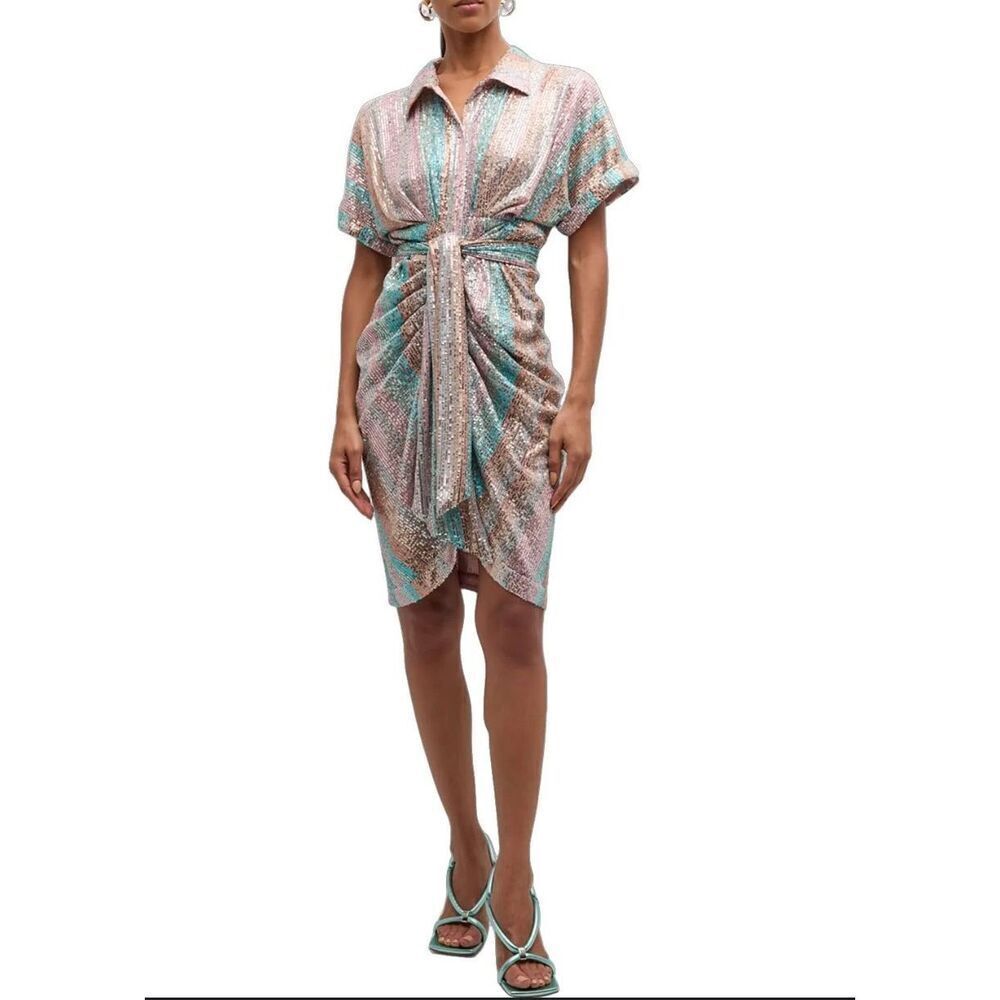 NWT Le Superb Mini Miko Dress Aqua Rainbow Sequin Size 0 $495 MSRP